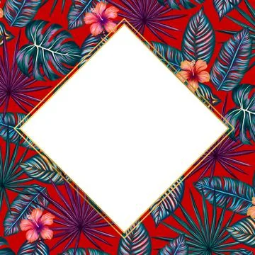 Square template for text with tropical palm monstera leaves, flowers. Frame or Stock Illustration