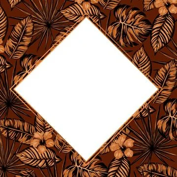Square template for text with tropical palm monstera leaves, flowers. Frame or Stock Illustration