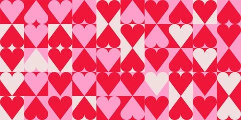 Square tiles seamless pattern with hearts inside, vintage romantic checkerboard Stock Illustration