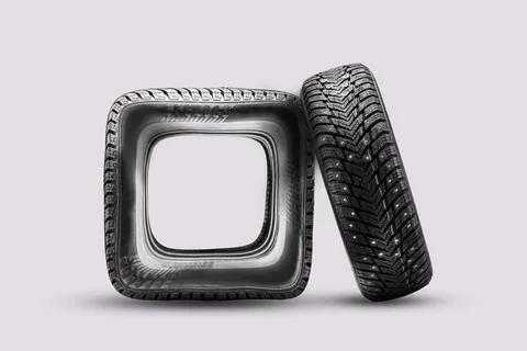 Square tire wheel, wrong or damaged damaged tire, fake. A funny isolate, there Stock Photos