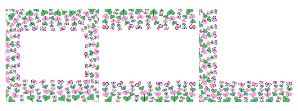 Square Top Bottom and Corner Hand Drawn Heart shape twigs Floral Frames Set Copy Stock Illustration