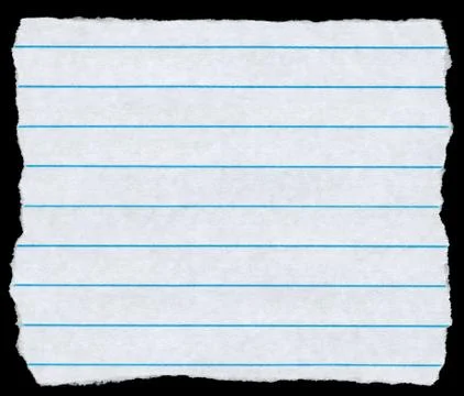 Square torn piece of white lined paper isolated on black. Fotos Stock