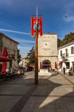 Square Tower with sundial on Vela Placa in the city center of KRK on the is.. Stock Photos