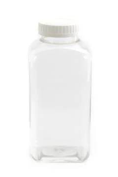 Square transparent plastic bottle with white cover on top Stock Photos