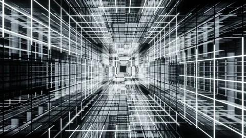 Square tunnel with changing colors - white, black, blue. Reflections of the grid Stock Footage 300656945