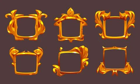 Square ui game frames, gold textured ornate rims Illustrazione stock