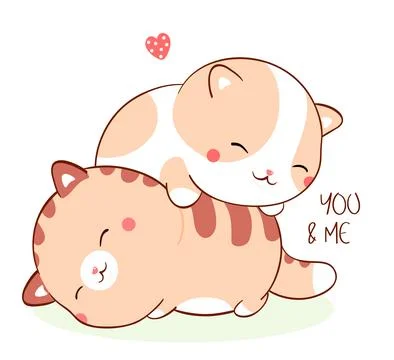 Square Valentine card with two sleeping fat kitty kawaii style. Greeting ca.. Stock Illustration