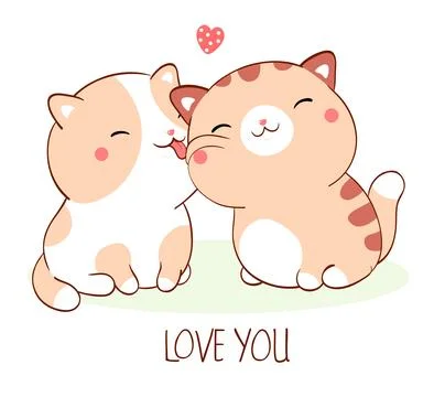 Square Valentine card with two sleeping fat kitty kawaii style. Greeting ca.. Illustrazione stock