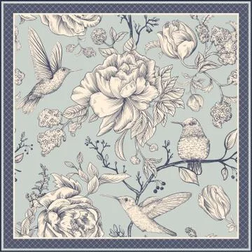 Square vector floral design for shawls, bandanas Stock Illustration