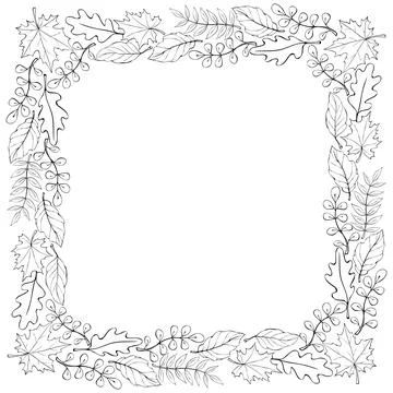 Square vector frame, border made of black outline leaves hand drawn in doodle Illustrazione stock