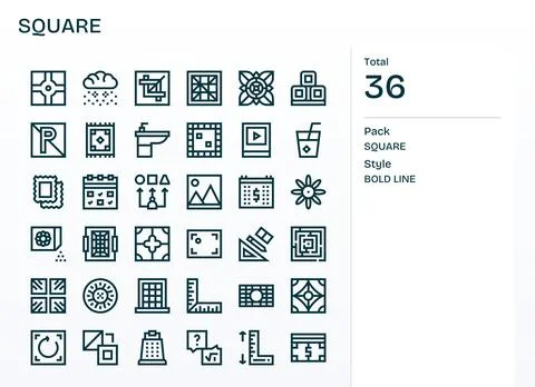 Square Vector Graphics Pack including 36 Bold Line Retina Ready Pixel Align.. Illustrazione stock