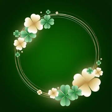Square vector illustration, round gold frame with clover, blurred lights. Illustrazione stock