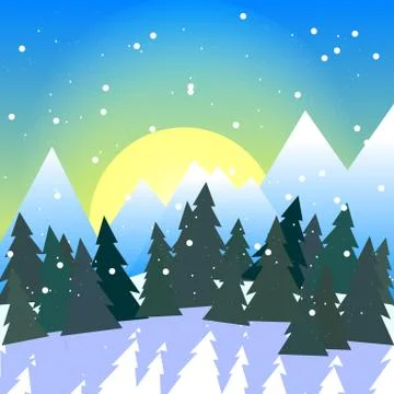 Square vector illustration of snowy forest valley with mountains Stock Illustration