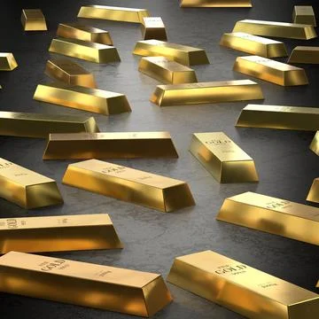 Square View of Gold Bars Scattered on Dark Floor - 3d illustration Stock Illustration
