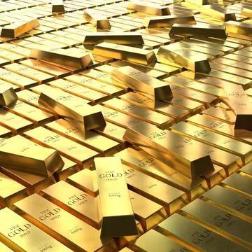 Square View of Golden Ingots Lying Randomly - 3d illustration Stock Illustration