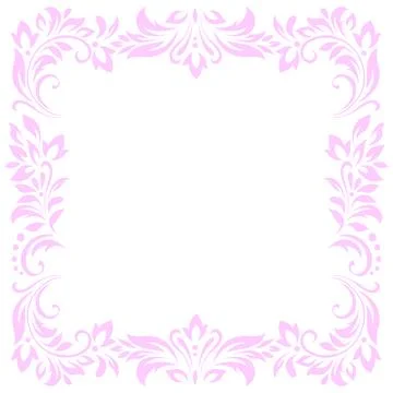 Square vintage frame, border of pink stylized leaves, flowers and curls on wh Stock Illustration