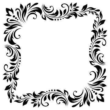 Square vintage frame, border of stylized leaves, flowers and curls in black l Stock Illustration