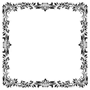 Square vintage frame, border of stylized leaves, flowers and curls in black l Stock Illustration