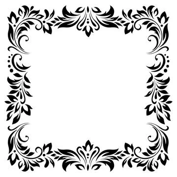 Square vintage frame, border of stylized leaves, flowers and curls in black l Stock Illustration