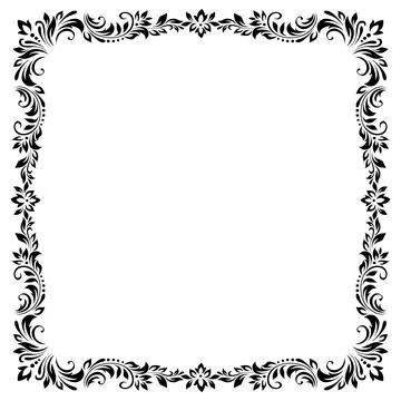 Square vintage frame, border of stylized leaves, flowers and curls in black l Stock Illustration