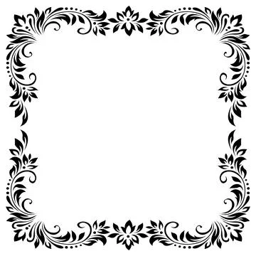 Square vintage frame, border of stylized leaves, flowers and curls in black l Stock Illustration