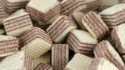 Square wafer biscuits close up, Sliding shot. Cocoa wafers Видео 170179925
