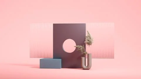 Square wall with round hole and small blue podium on the pink background Stock Illustration