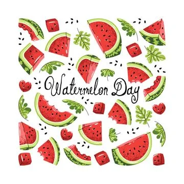 Square Watermelon Day Banner Template. Cute Fruit Illustration in flat desi.. Stock Illustration