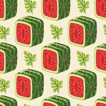 Square Watermelon Half Seamless Pattern. Flat Vector Geometric Fruit Design.. Illustrazione stock