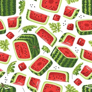 Square Watermelon Pattern. Seamless Flat Design with Whole Fruit and Slices Stock Illustration