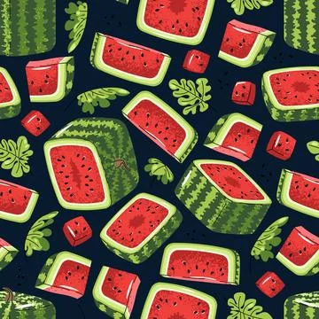 Square Watermelon Pattern. Seamless Flat Design with Whole Fruit and Slices.. Stock Illustration