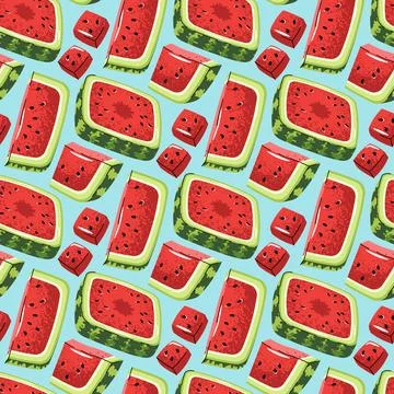 Square Watermelon Slice Seamless Pattern. Flat Design Cut Fruit Repeat. Per.. Stock Illustration