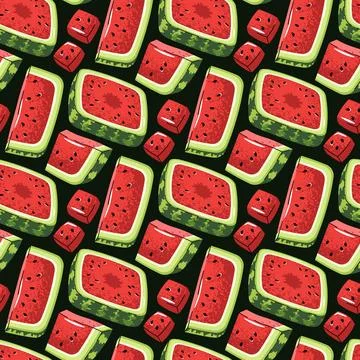 Square Watermelon Slice Seamless Pattern. Flat Design Cut Fruit Repeat. Per.. Stock Illustration