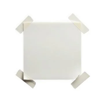 A square white object secured with four pieces of tape on a white background Stock Illustration