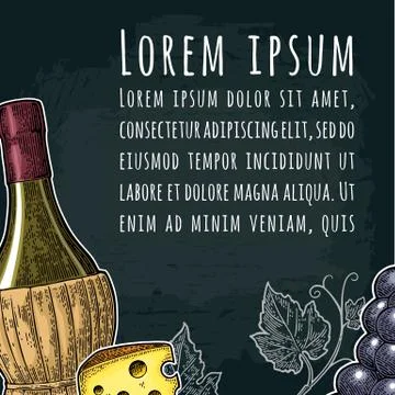 Square wine label or poster. Braided bottle, cheese, bunch of grapes Stock Illustration