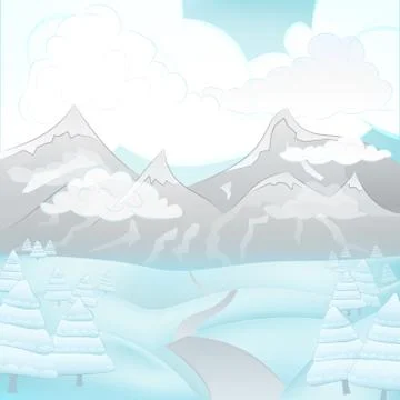 Square winter cloudy mountain landscape view with road and snowy trees vector Stock Illustration