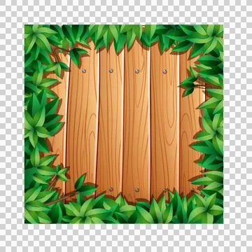 Square wooden plank frame decorated with lush green tropical leaves for sea.. Stock Illustration