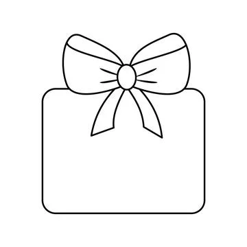 Square wrapped gift box with big ribbon bow, doodle style flat vector outline Illustrazione stock