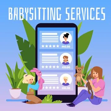 Squared banner about babysitting service flat style, vector illustration Stock Illustration
