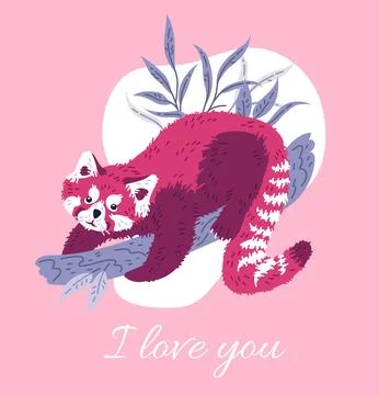 Squared banner or postcard with cute red panda on branch flat style Stock Illustration