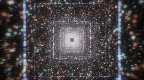 Squared digital tunnel, blurred flying dots, seamless loop. Motion. Flying Stock Illustration