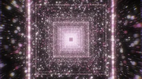Squared digital tunnel, blurred flying dots, seamless loop. Motion. Flying Illustrazione stock