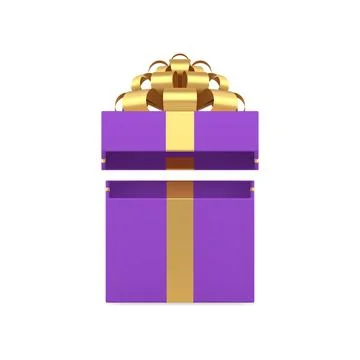 Squared purple gift box with open lid luxury golden bow holiday surprise 3d.. Stock Illustration