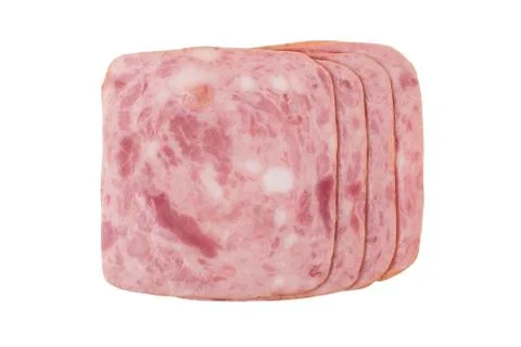 Squared slice of ham isolated on white background Stock Photos