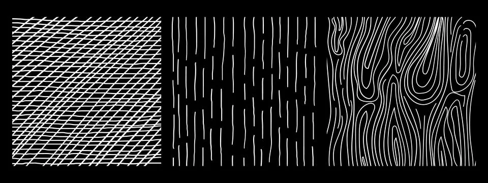 Squares textures with different hand drawn patterns. Pencil lines on black .. Stock Illustration