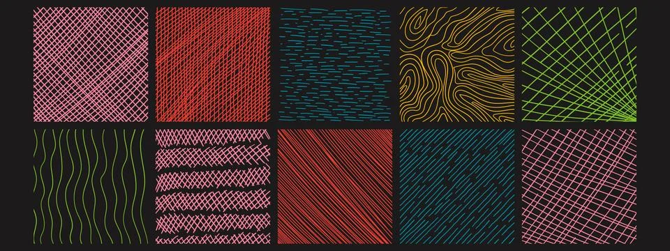 Squares textures with different hand drawn patterns. Vector scribble, horiz.. Stock Illustration