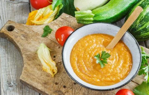 Squash caviar with tomato paste and garlic Stock Photos