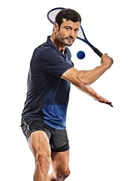 Squash player man isolated white background Stock Photos