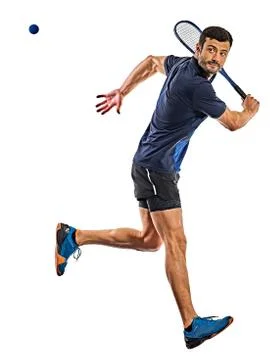 Squash player man isolated white background Stock Photos