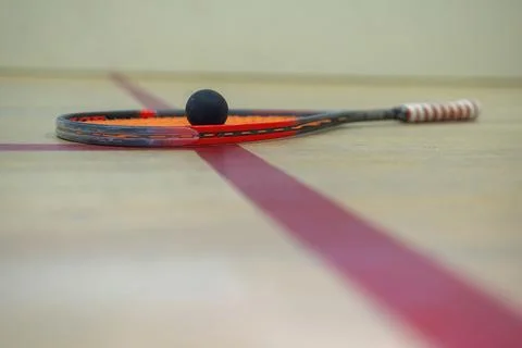 The squash racket and ball lie on the wooden floor between the lines dividing Stock Photos